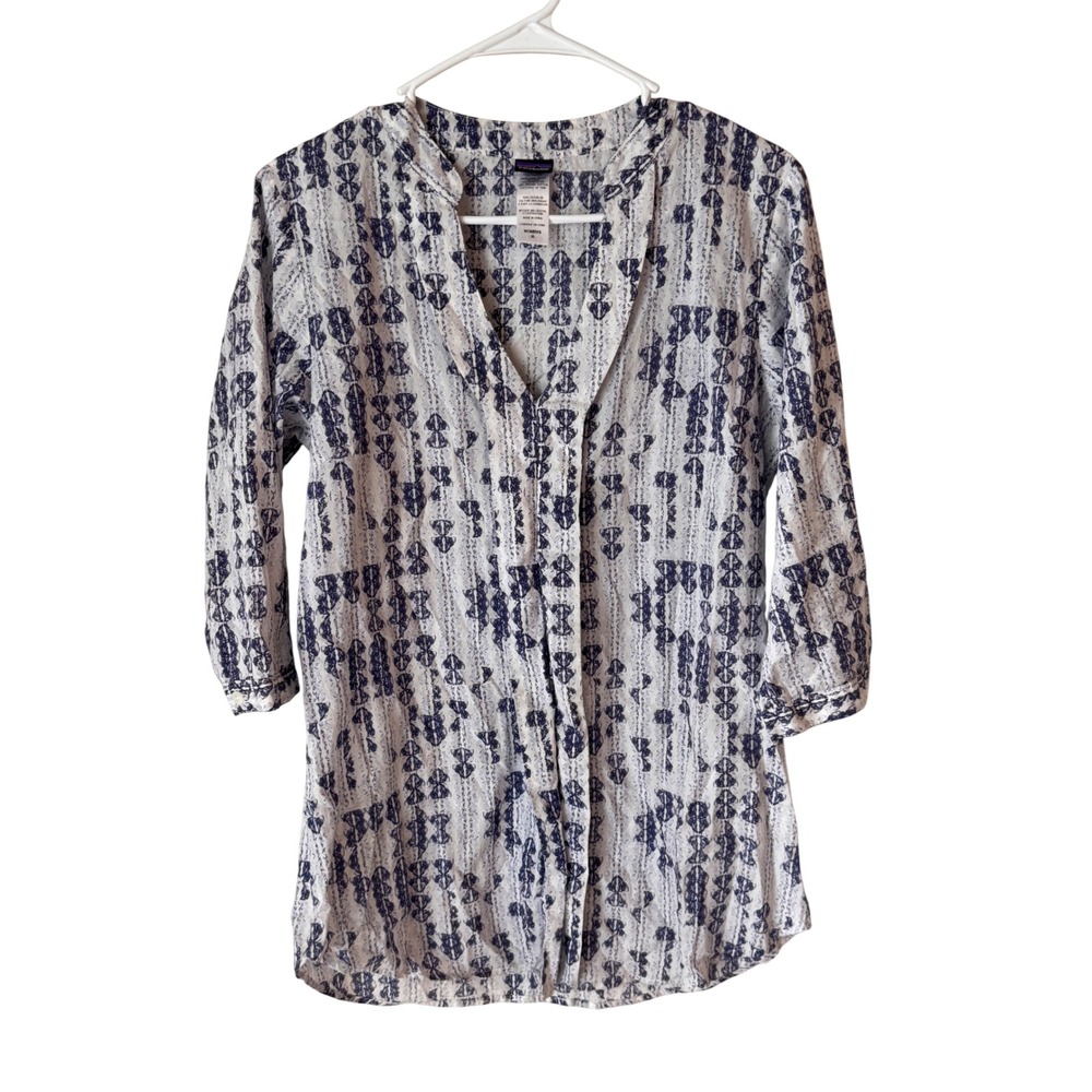 Patagonia Womens 10 Blue White Organic Cotton 3/4 Sleeve Geometric Tunic Blouse